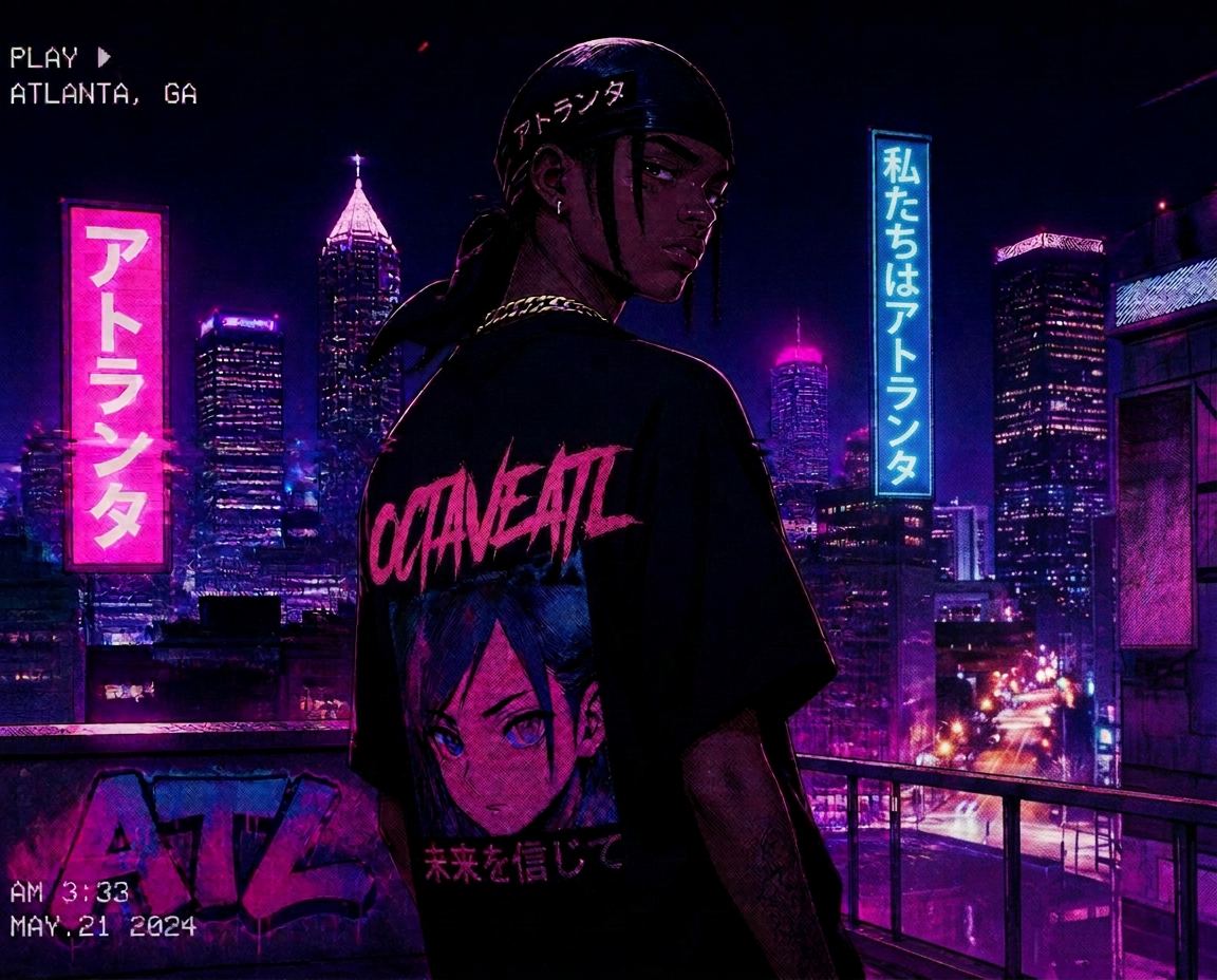 OctaveATL — anime character in streetwear against the Atlanta skyline