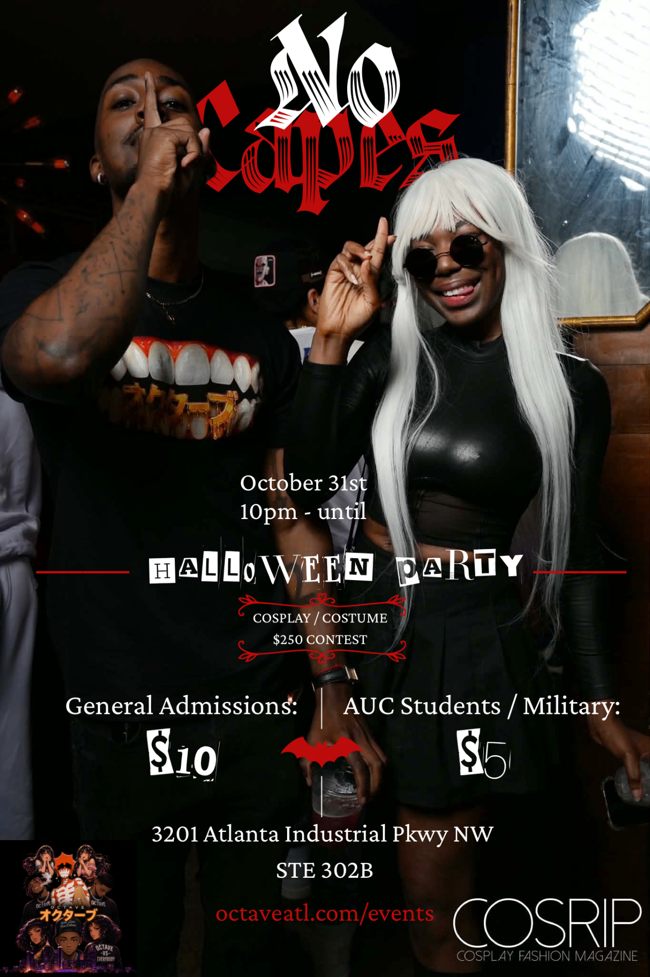 Event flyer for No Capes Halloween Party, an OctaveATL anime party in Atlanta on October 31, 2026