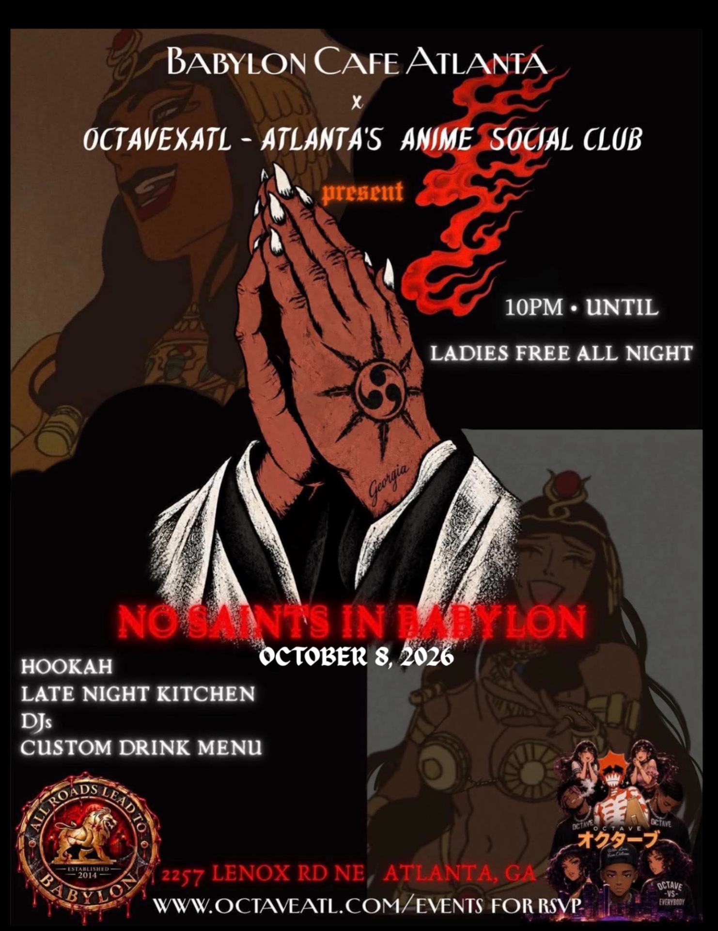 Event flyer for No Saints in Babylon, an OctaveATL anime party in Atlanta on October 8, 2026