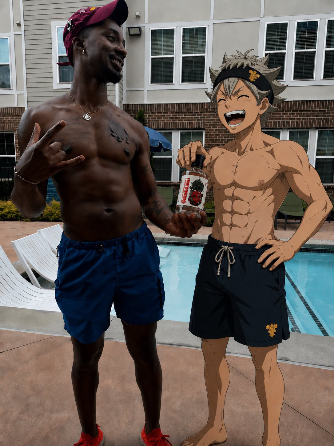 OctaveATL pool party anime crossover — member posing next to Asta from Black Clover